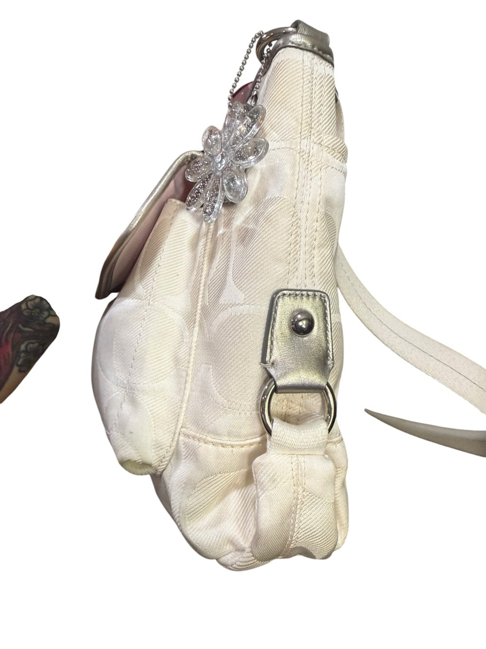 Coach Signature Ivory Jacquard Crossbody Bag Silver Pink Satin Interior 2012 - Picture 12 of 14